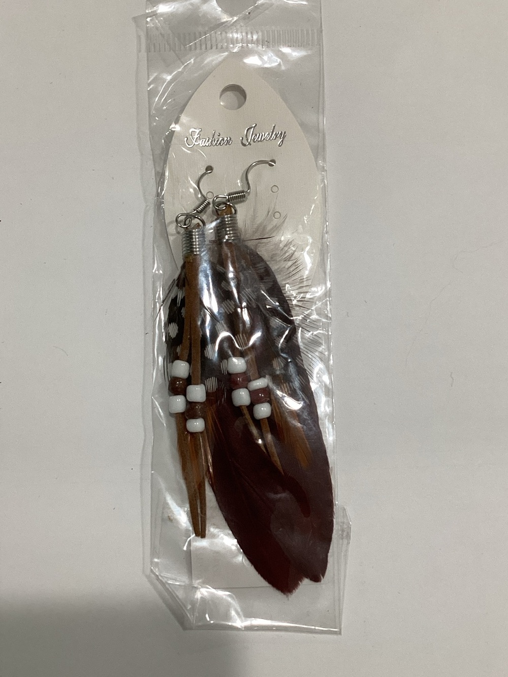 Fashion Jewelry Brown and White Feather Drop Earrings